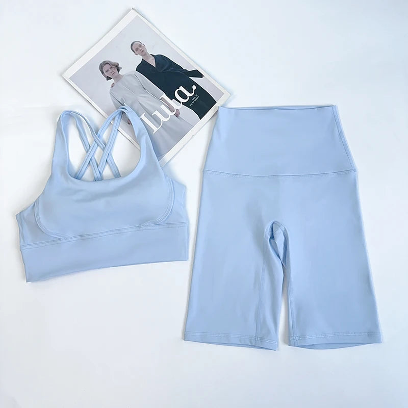 2pc Women's Workout Set – Cross-Back Bra & Shorts