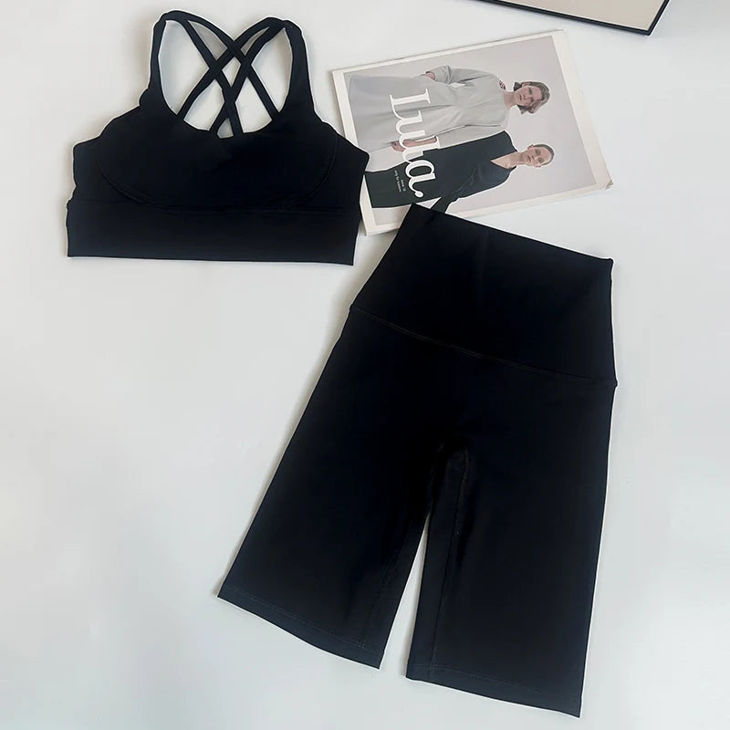 2pc Women's Workout Set – Cross-Back Bra & Shorts