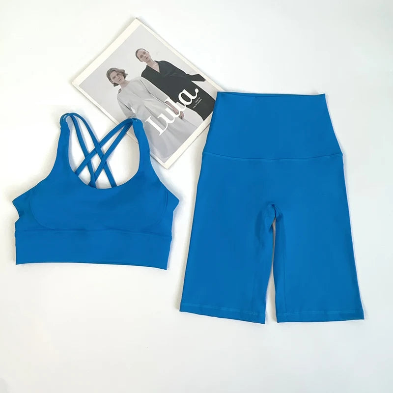 2pc Women's Workout Set – Cross-Back Bra & Shorts